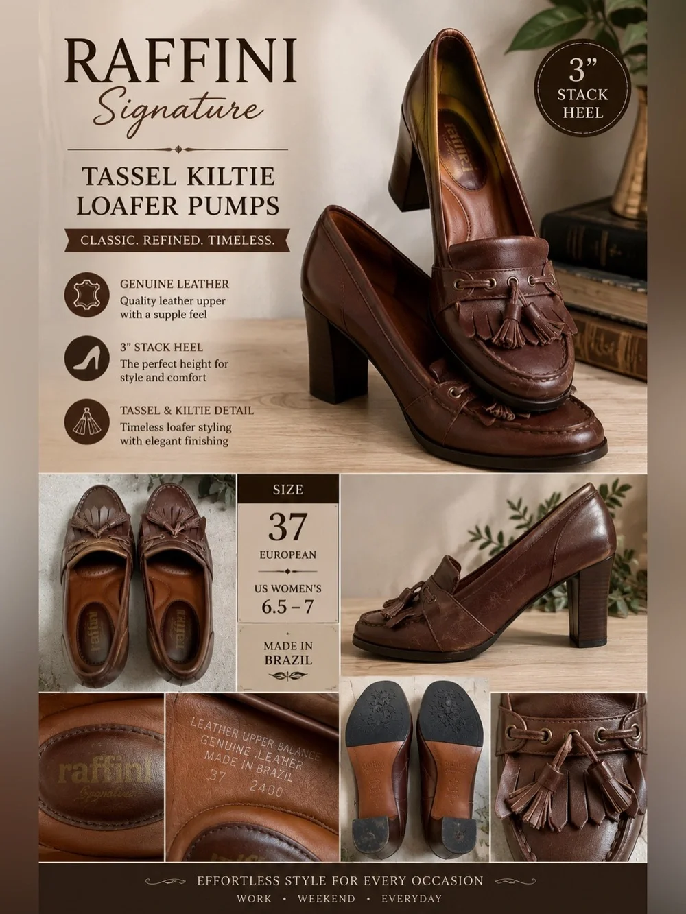 Raffini Signature Brown Leather Tassel Kiltie Loafer Pumps EU 37 US 6.5–7